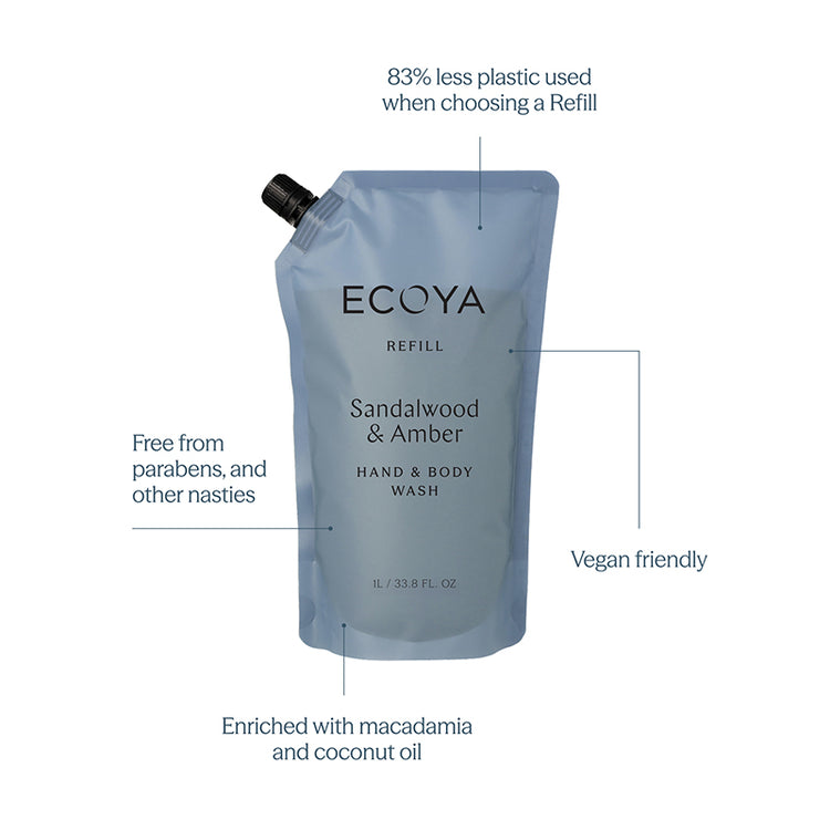 Ecoya Hand & Body Wash Refill - Sandalwood & Amber 1L