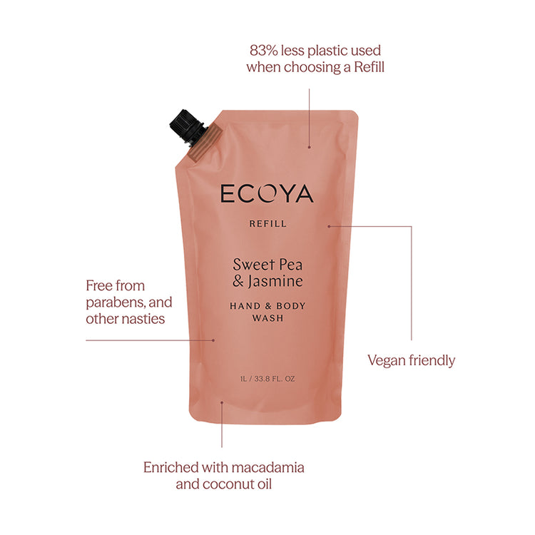 Ecoya Hand & Body Wash Refill - Sweet Pea & Jasmine 1L
