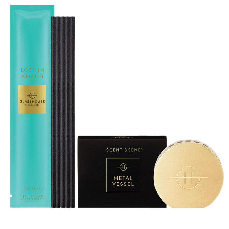 GLASSHOUSE FRAGRANCES Scent Scene Gold Metal Vessel & Lost in Amalfi 5 Replacement Scent Stems