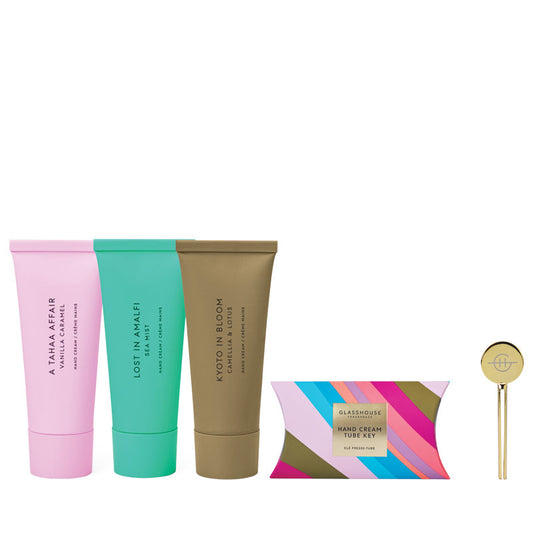 GLASSHOUSE FRAGRANCES Hand Cream Trio and Tube Key Bundle
