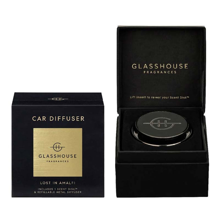 GLASSHOUSE FRAGRANCES Black Car Diffuser with 1 Replacement Scent Disk - Lost in Amalfi