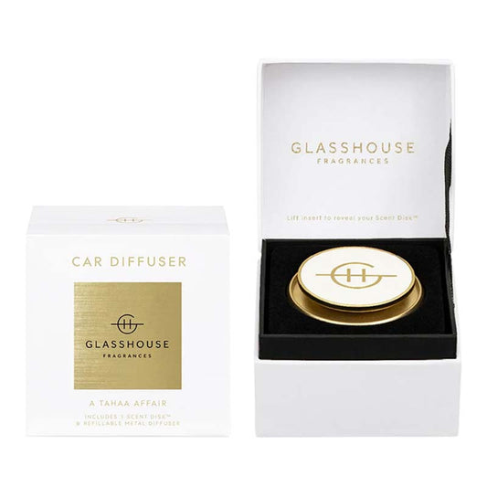 GLASSHOUSE FRAGRANCES Gold Car Diffuser with 1 Replacement Scent Disk - A Tahaa Affair